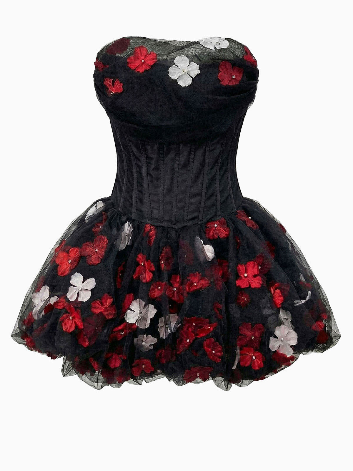 Cute Flower Tulle Bubble Hem Corset Strapless Mini Dress - Black