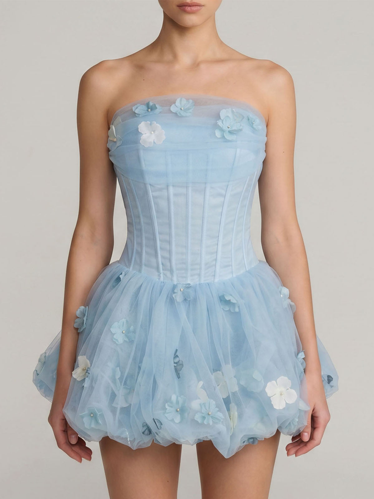 Cute Flower Tulle Bubble Hem Corset Strapless Mini Dress - Light Blue
