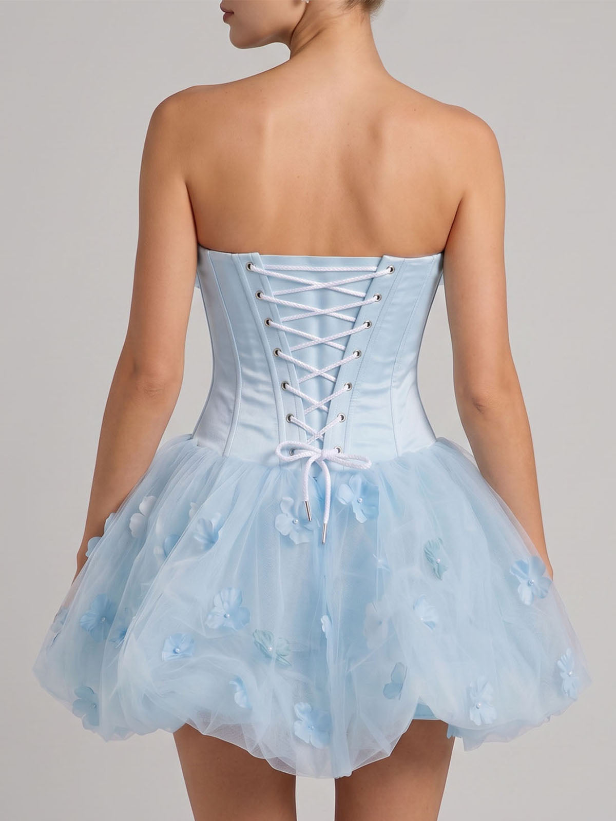 Cute Flower Tulle Bubble Hem Corset Strapless Mini Dress - Light Blue