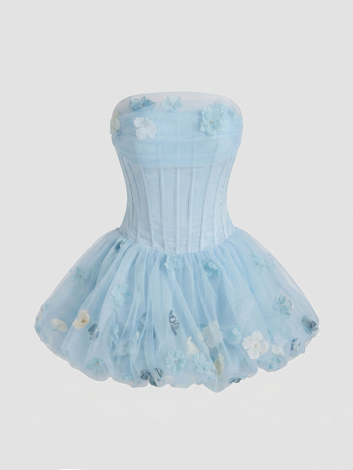Cute Flower Tulle Bubble Hem Corset Strapless Mini Dress - Light Blue
