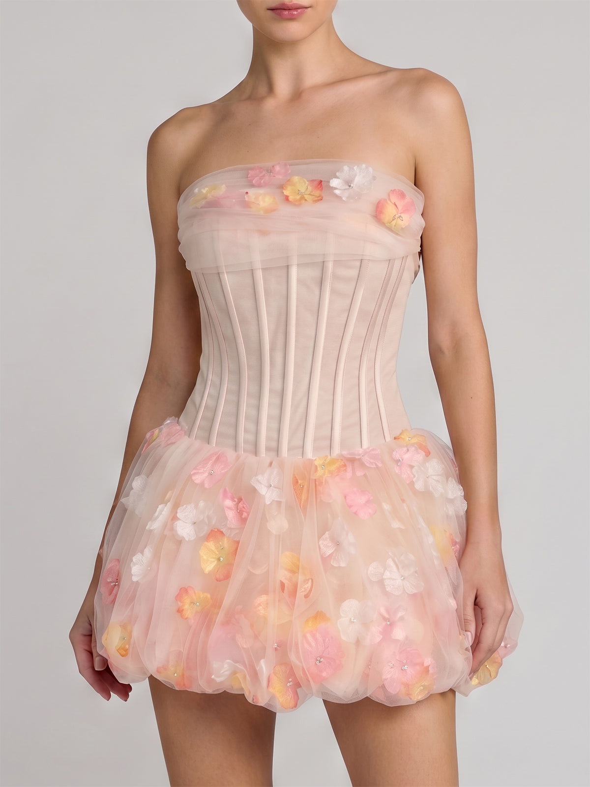 Cute Flower Tulle Bubble Hem Corset Strapless Mini Dress - Nude