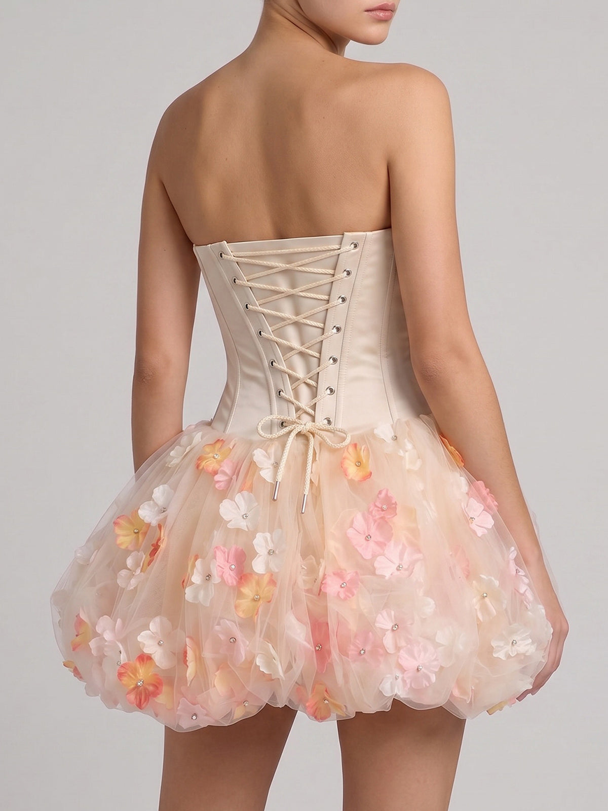 Cute Flower Tulle Bubble Hem Corset Strapless Mini Dress - Nude