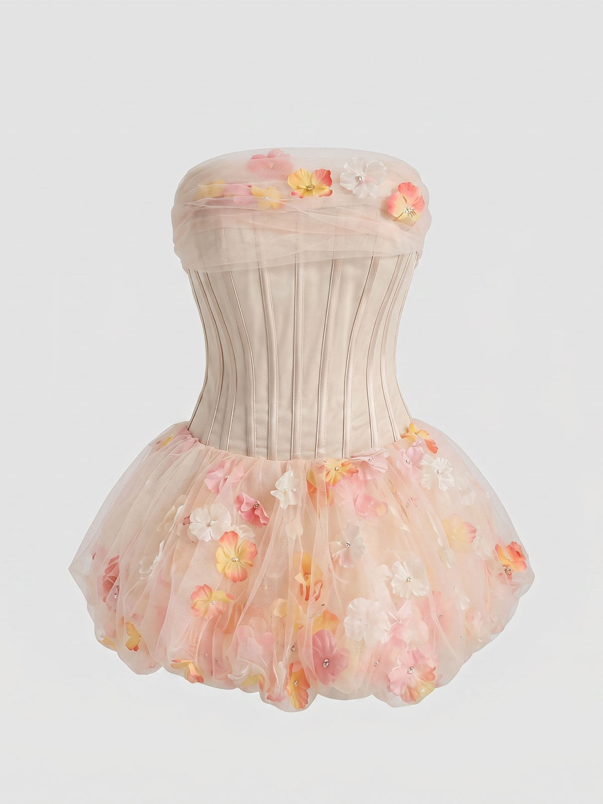 Cute Flower Tulle Bubble Hem Corset Strapless Mini Dress - Nude