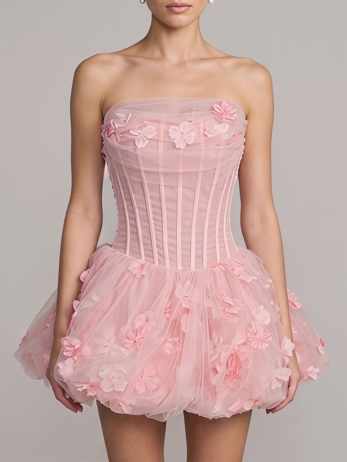 Cute Flower Tulle Bubble Hem Corset Strapless Mini Dress - Pink