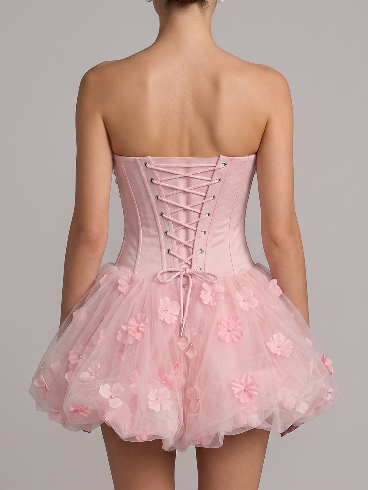 Cute Flower Tulle Bubble Hem Corset Strapless Mini Dress - Pink