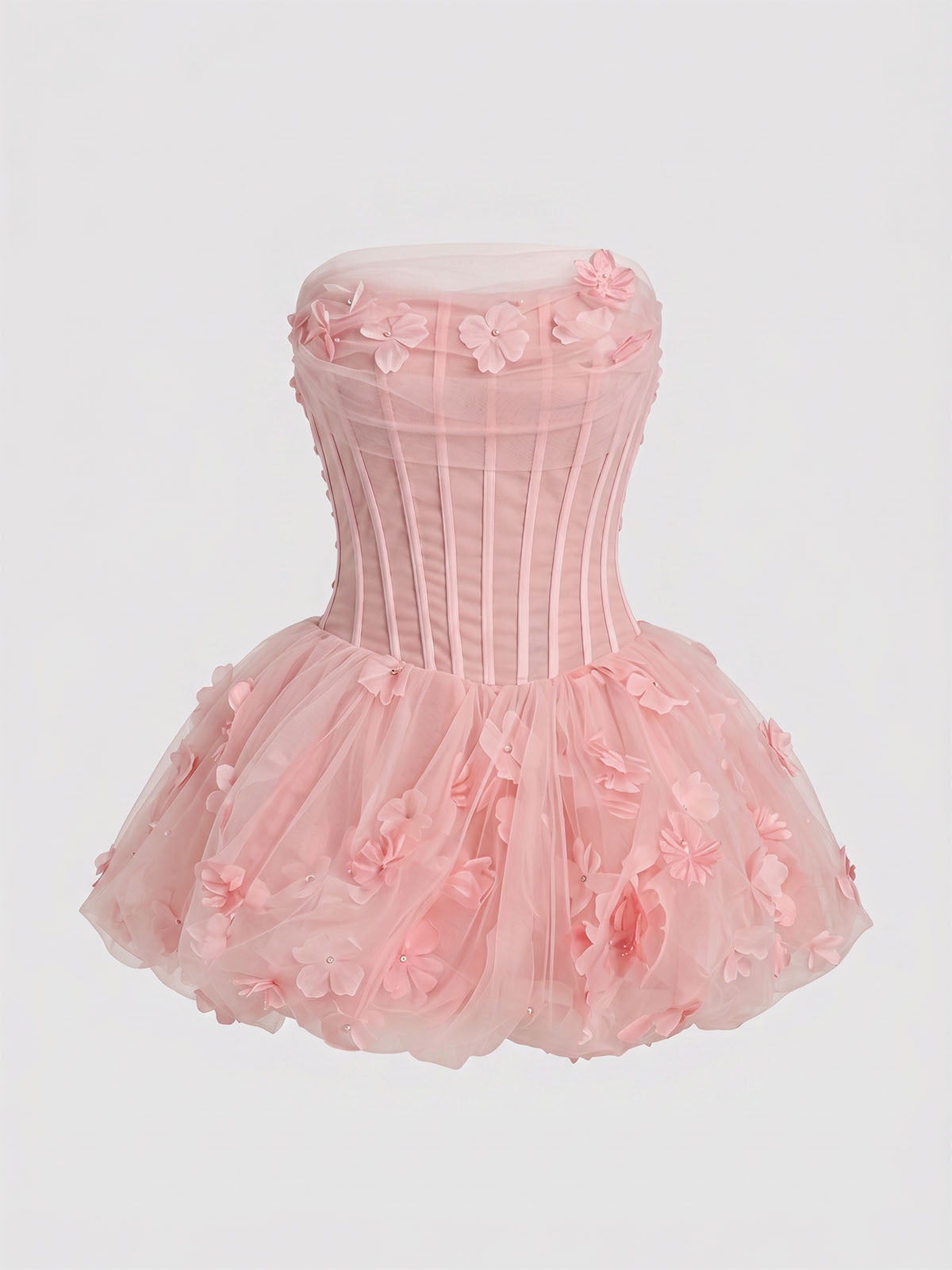 Cute Flower Tulle Bubble Hem Corset Strapless Mini Dress - Pink
