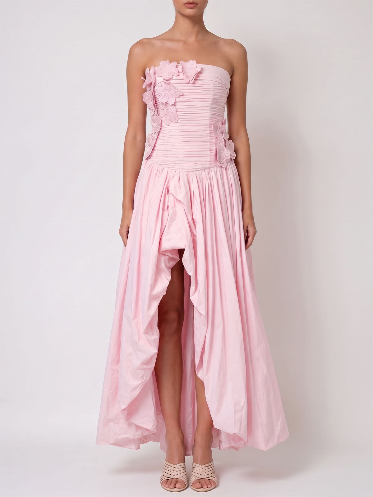 Dressy Floral Pleated Strapless High Low Bubble Prom Dress - Light Pink