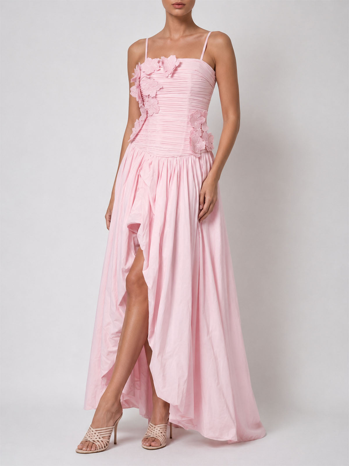 Dressy Floral Pleated Strapless High Low Bubble Prom Dress - Light Pink