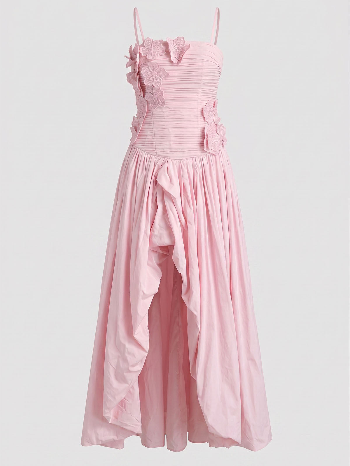 Dressy Floral Pleated Strapless High Low Bubble Prom Dress - Light Pink