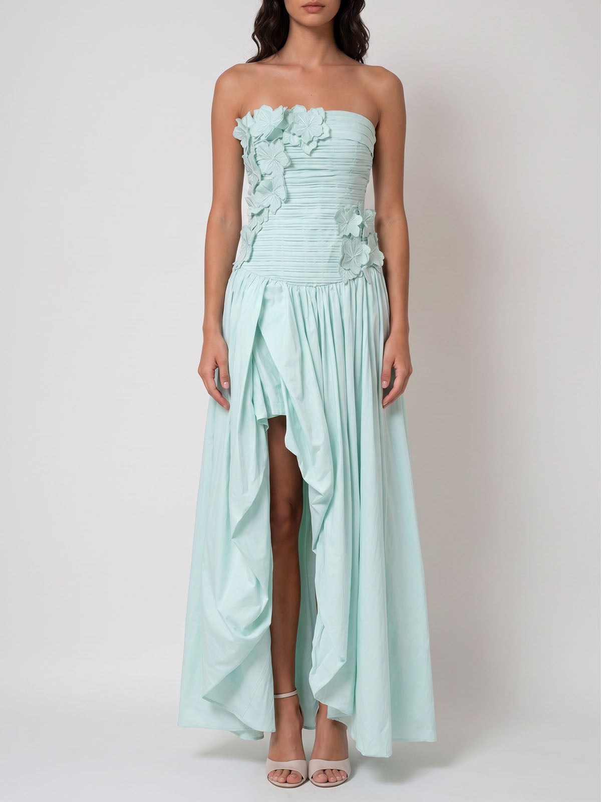 Dressy Floral Pleated Strapless High Low Bubble Prom Dress - Mint Green