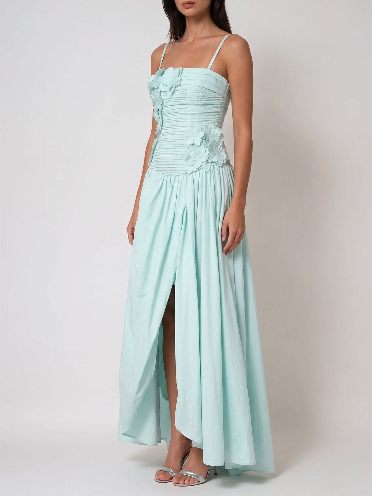 Dressy Floral Pleated Strapless High Low Bubble Prom Dress - Mint Green