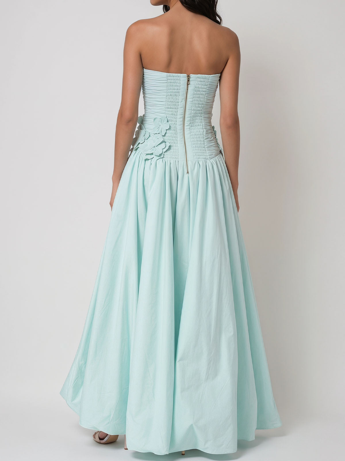 Dressy Floral Pleated Strapless High Low Bubble Prom Dress - Mint Green