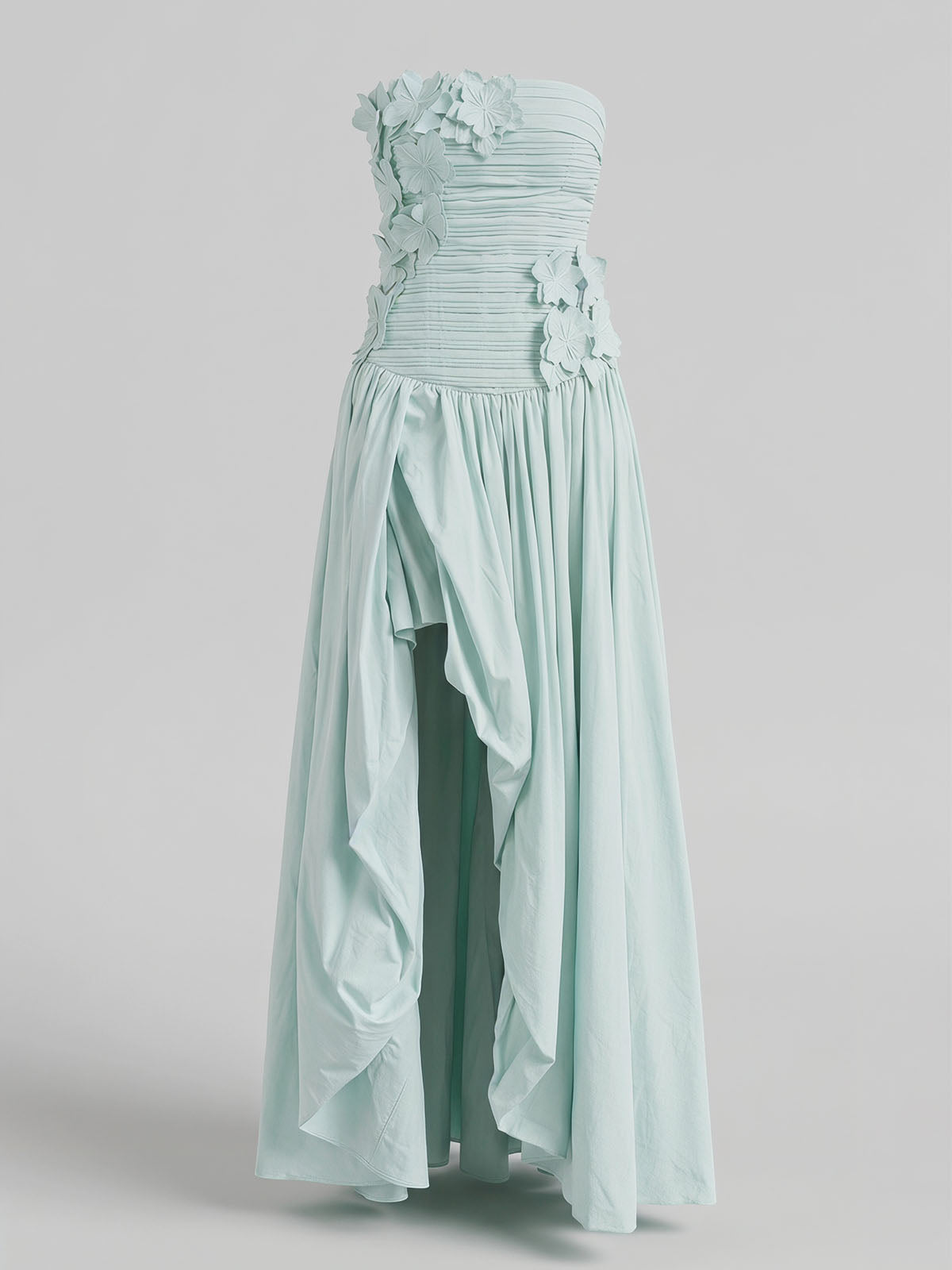 Dressy Floral Pleated Strapless High Low Bubble Prom Dress - Mint Green
