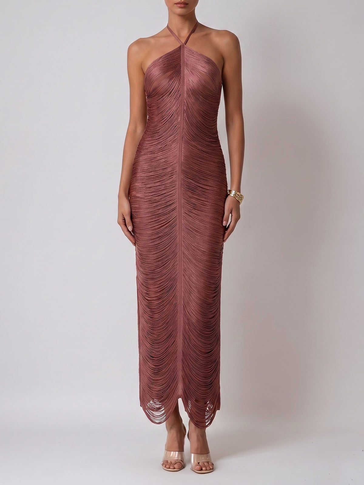 Dressy Halter Bodycon Bandage Fringe Formal Maxi Dress - Brown