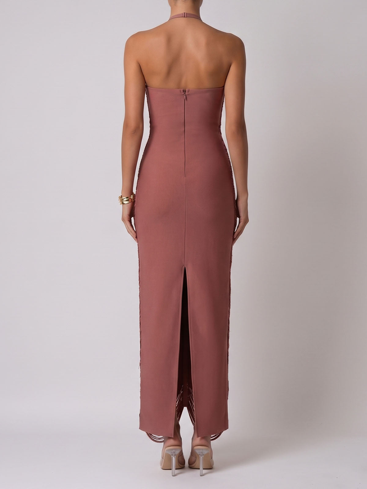 Dressy Halter Bodycon Bandage Fringe Formal Maxi Dress - Brown