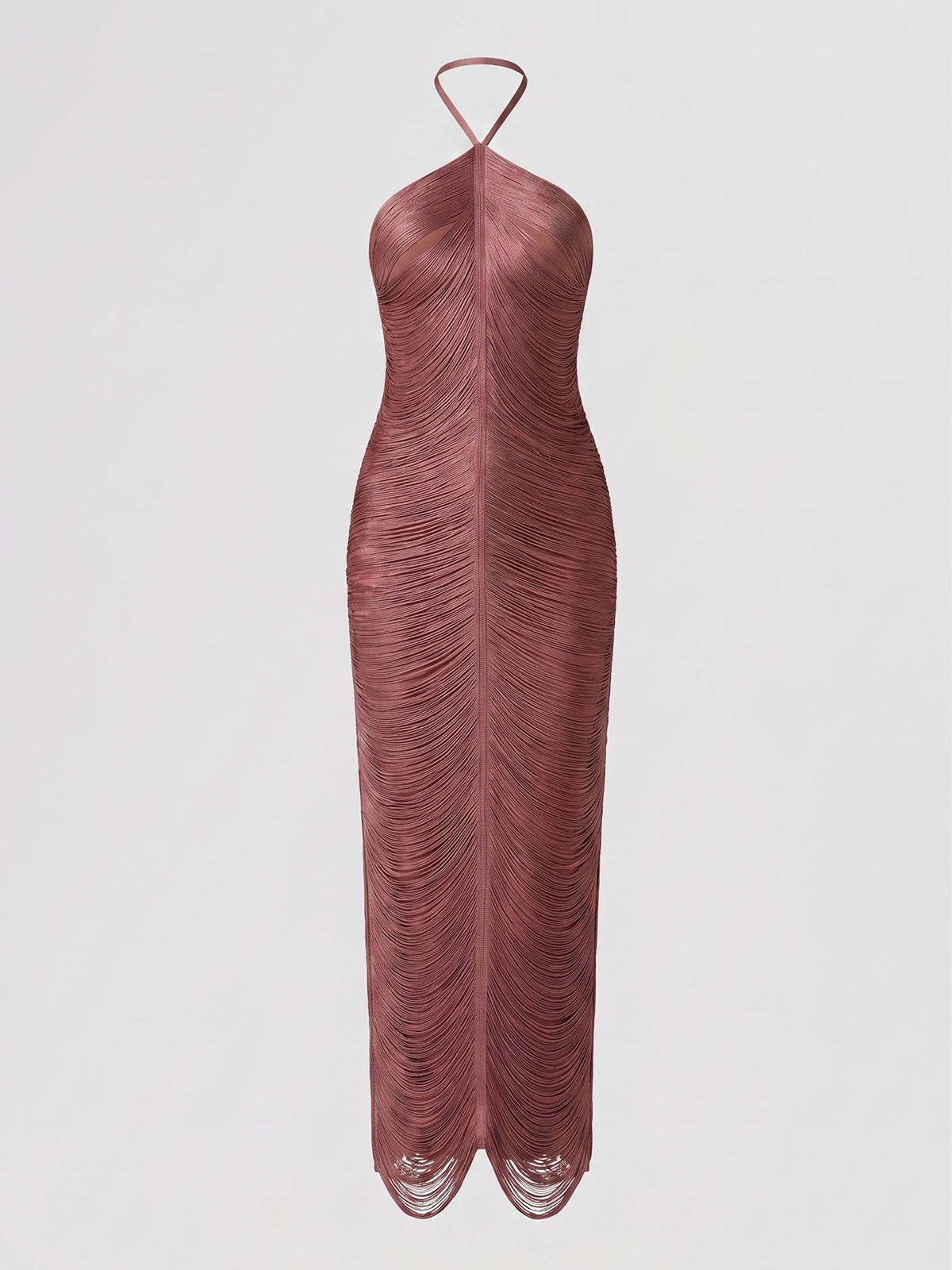 Dressy Halter Bodycon Bandage Fringe Formal Maxi Dress - Brown