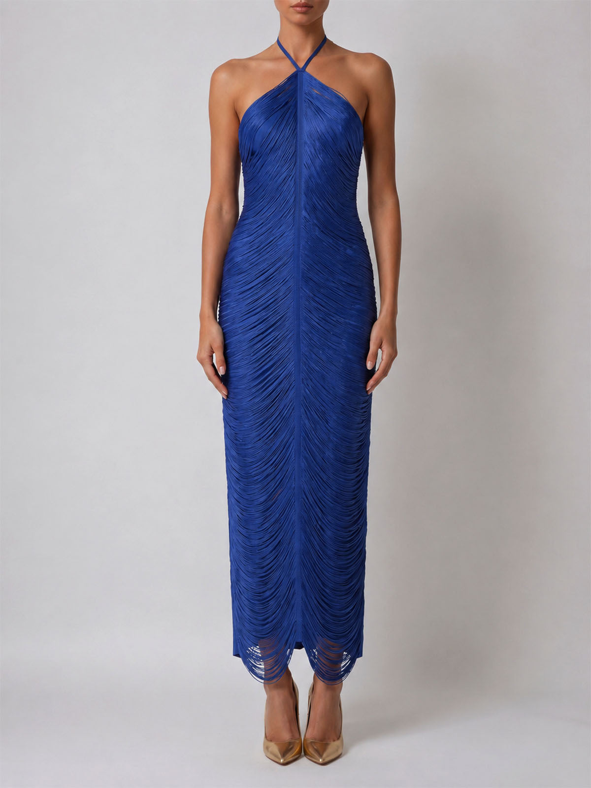 Dressy Halter Bodycon Bandage Fringe Formal Maxi Dress - Navy