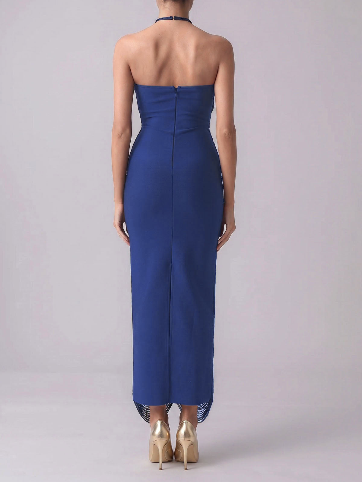 Dressy Halter Bodycon Bandage Fringe Formal Maxi Dress - Navy