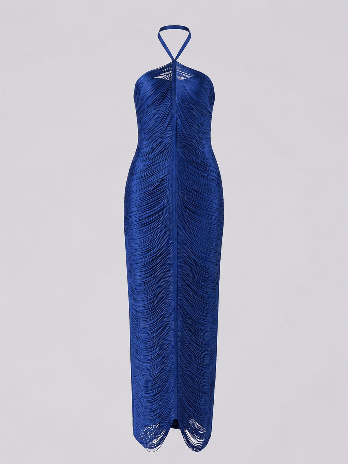 Dressy Halter Bodycon Bandage Fringe Formal Maxi Dress - Navy