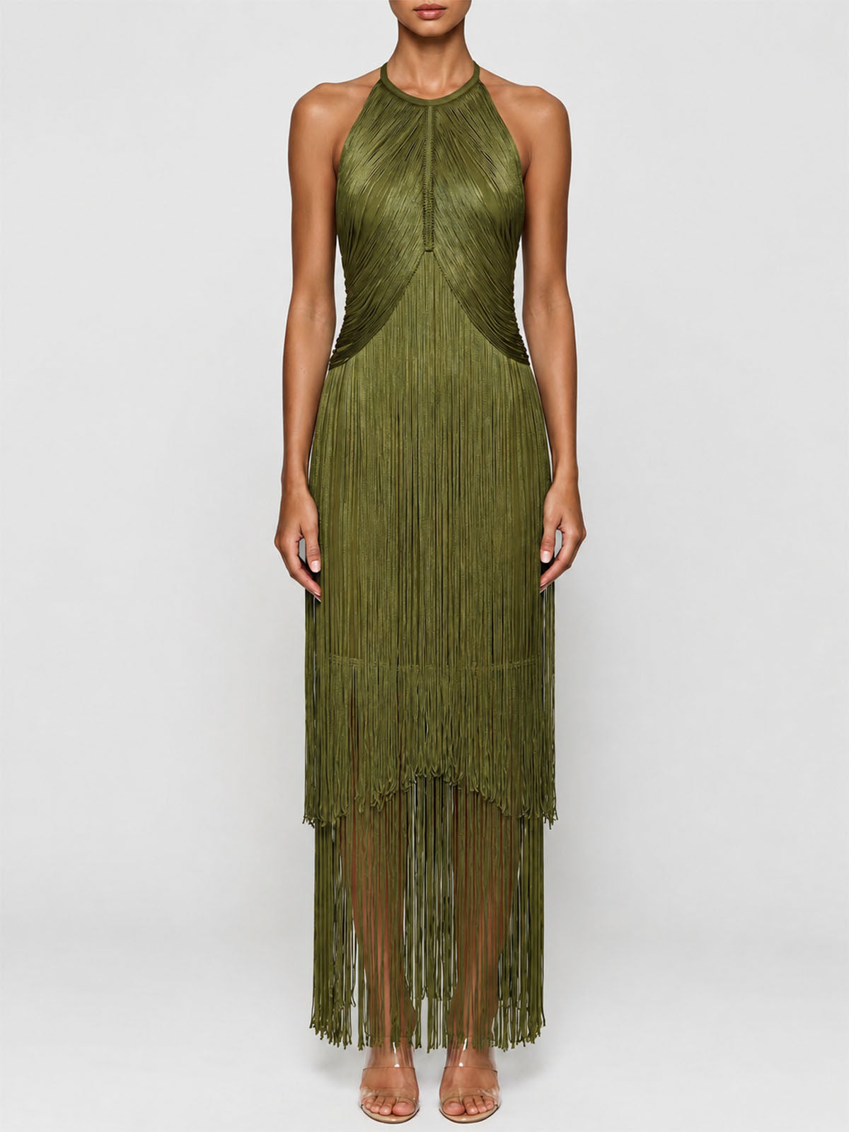 Dressy High Neck Bandage Tiered Fringe Formal Maxi Dress - Army Green