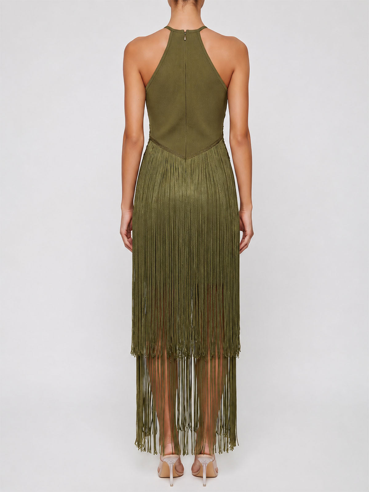 Dressy High Neck Bandage Tiered Fringe Formal Maxi Dress - Army Green