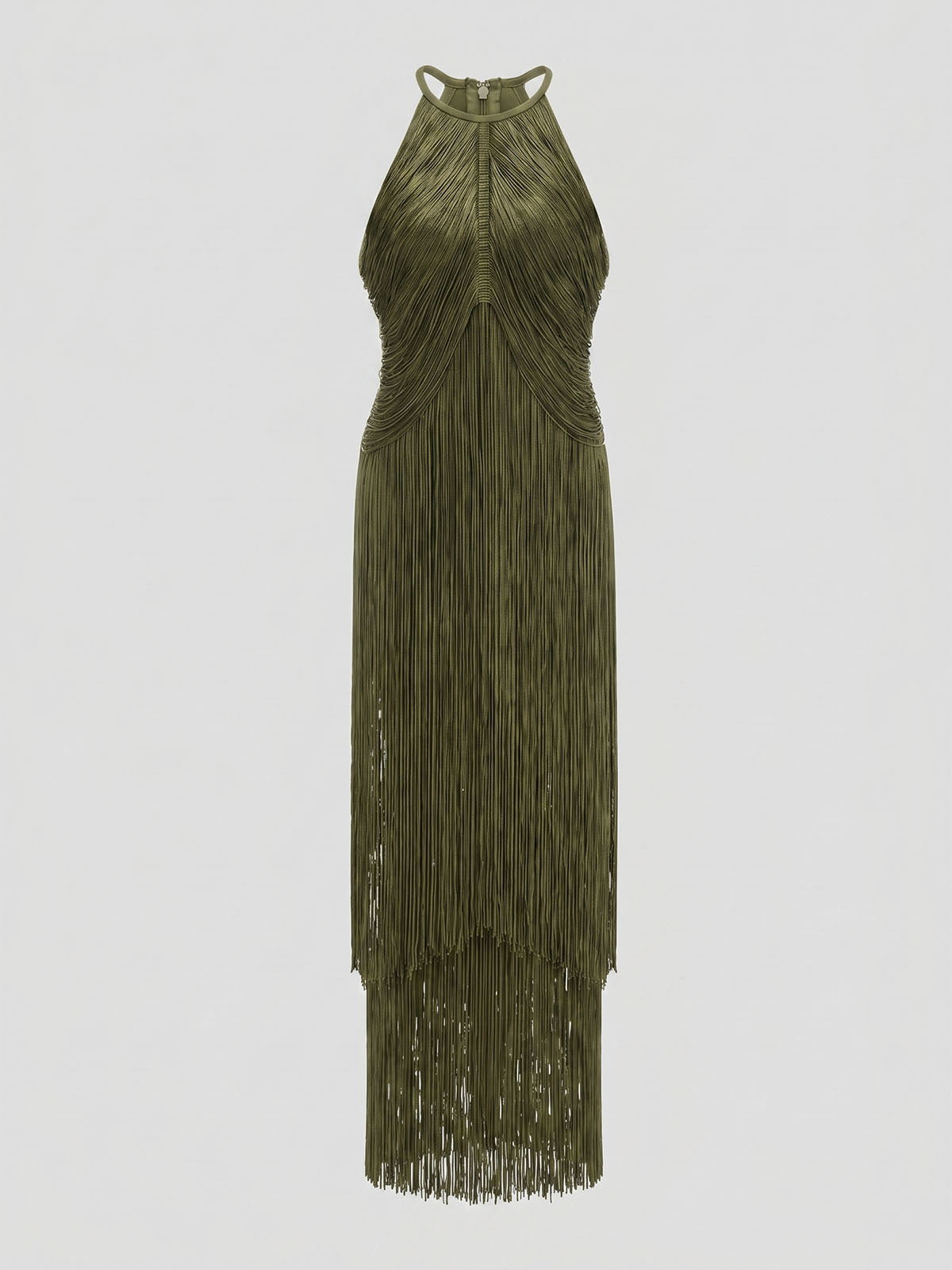 Dressy High Neck Bandage Tiered Fringe Formal Maxi Dress - Army Green