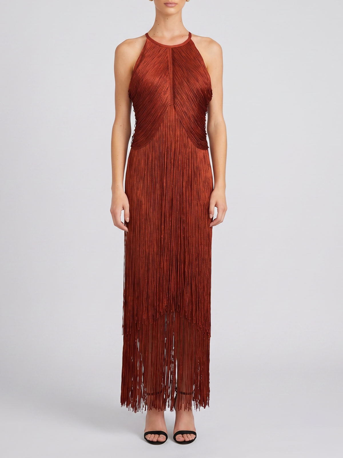 Dressy High Neck Bandage Tiered Fringe Formal Maxi Dress - Brown