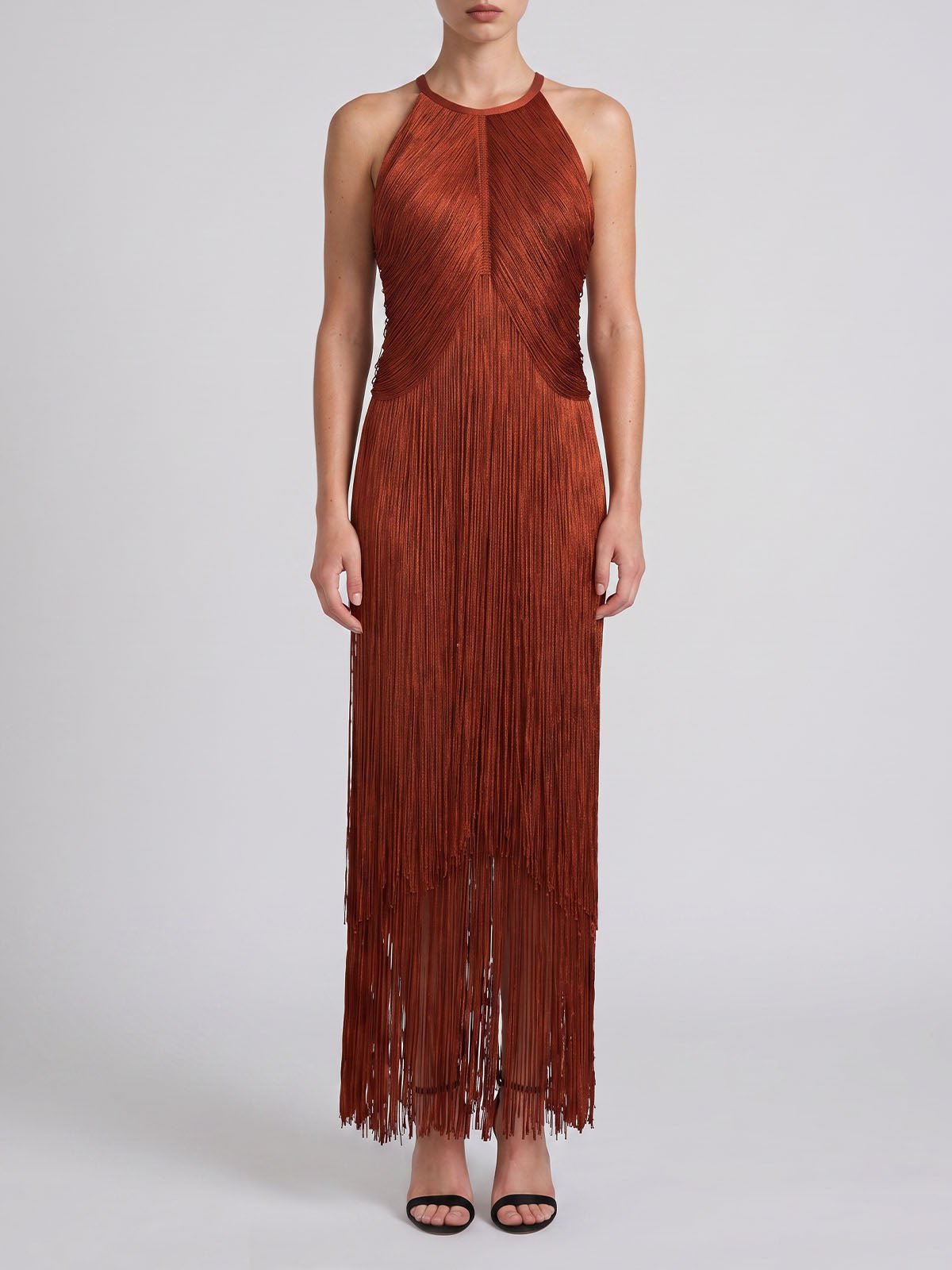 Dressy High Neck Bandage Tiered Fringe Formal Maxi Dress - Brown
