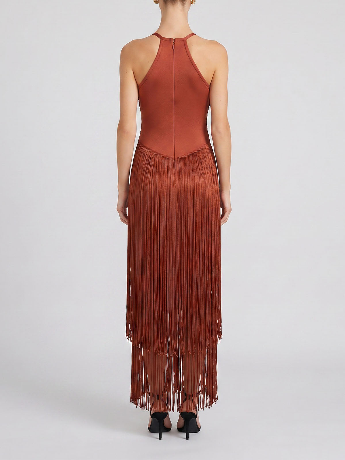 Dressy High Neck Bandage Tiered Fringe Formal Maxi Dress - Brown