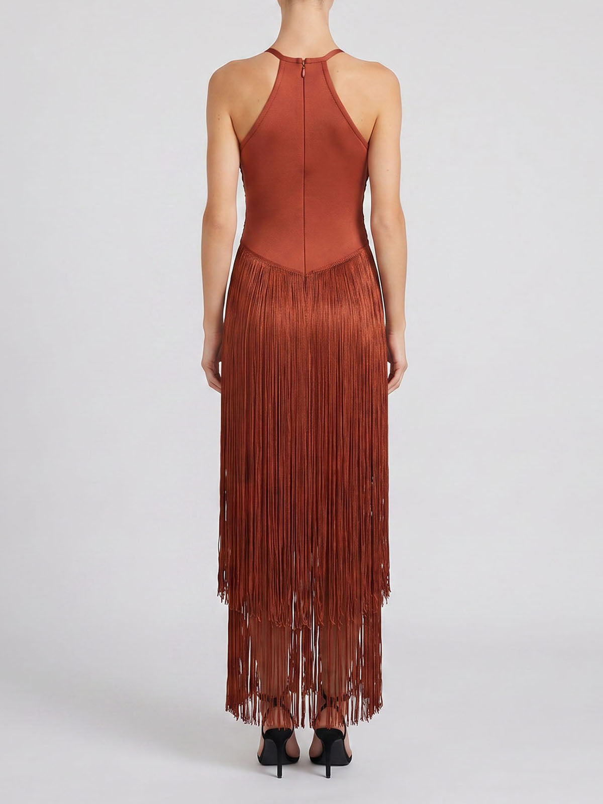 Dressy High Neck Bandage Tiered Fringe Formal Maxi Dress - Brown