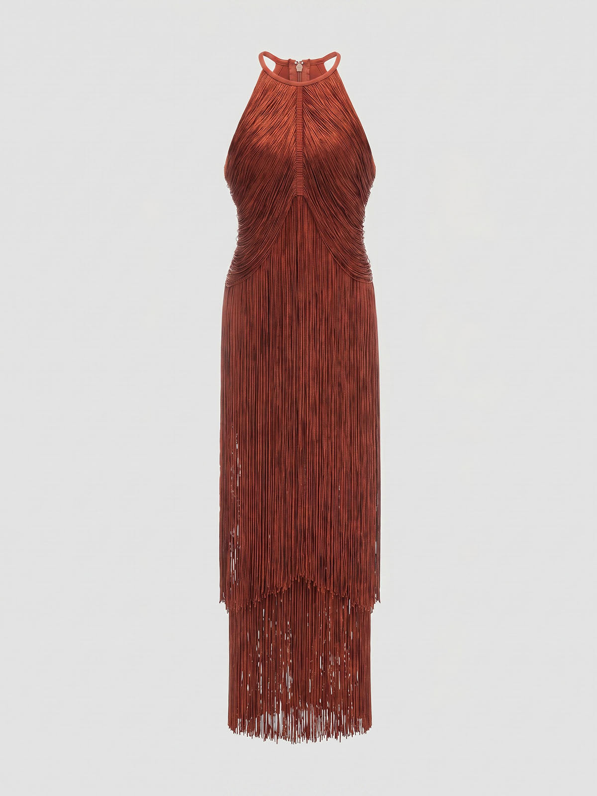 Dressy High Neck Bandage Tiered Fringe Formal Maxi Dress - Brown