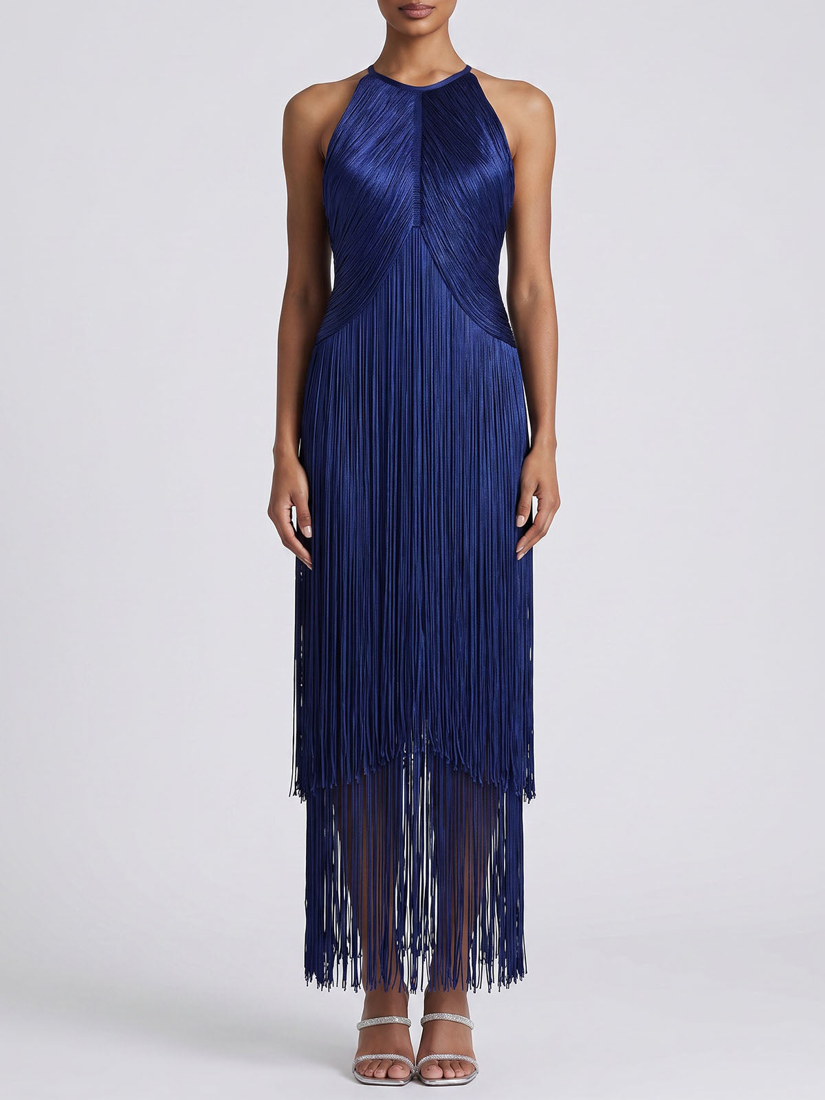 Dressy High Neck Bandage Tiered Fringe Formal Maxi Dress - Navy
