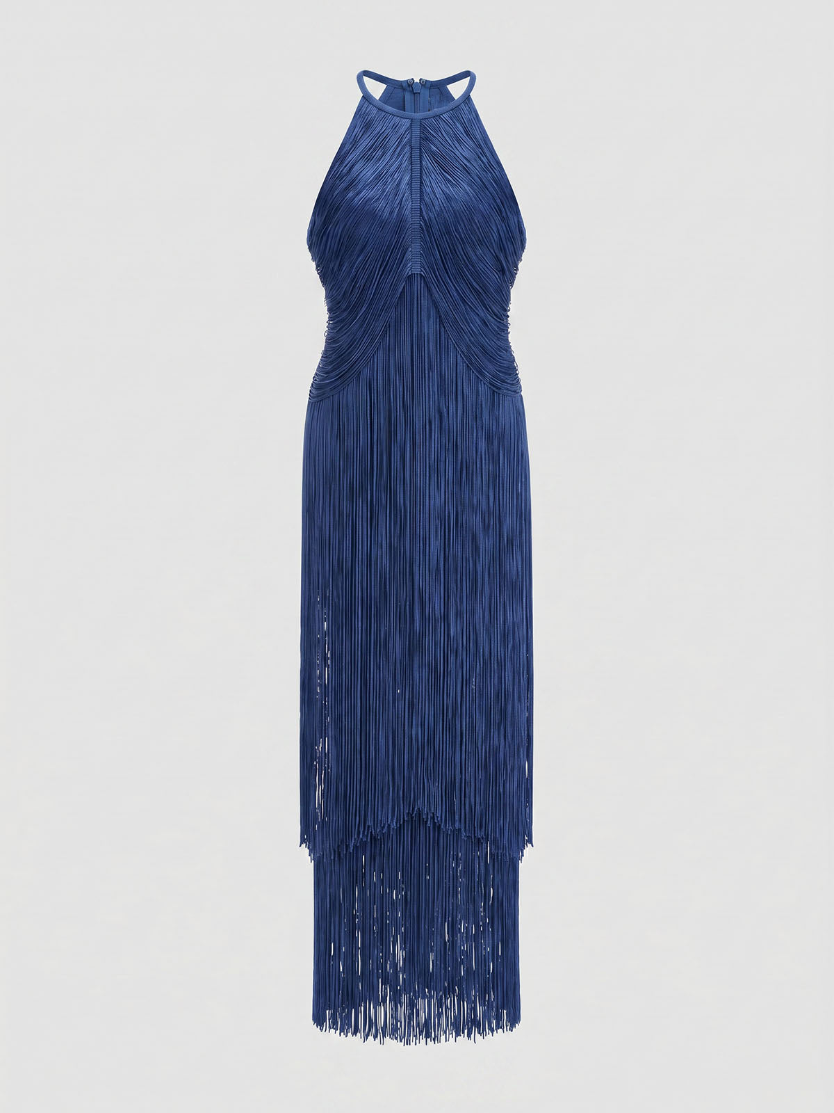 Dressy High Neck Bandage Tiered Fringe Formal Maxi Dress - Navy
