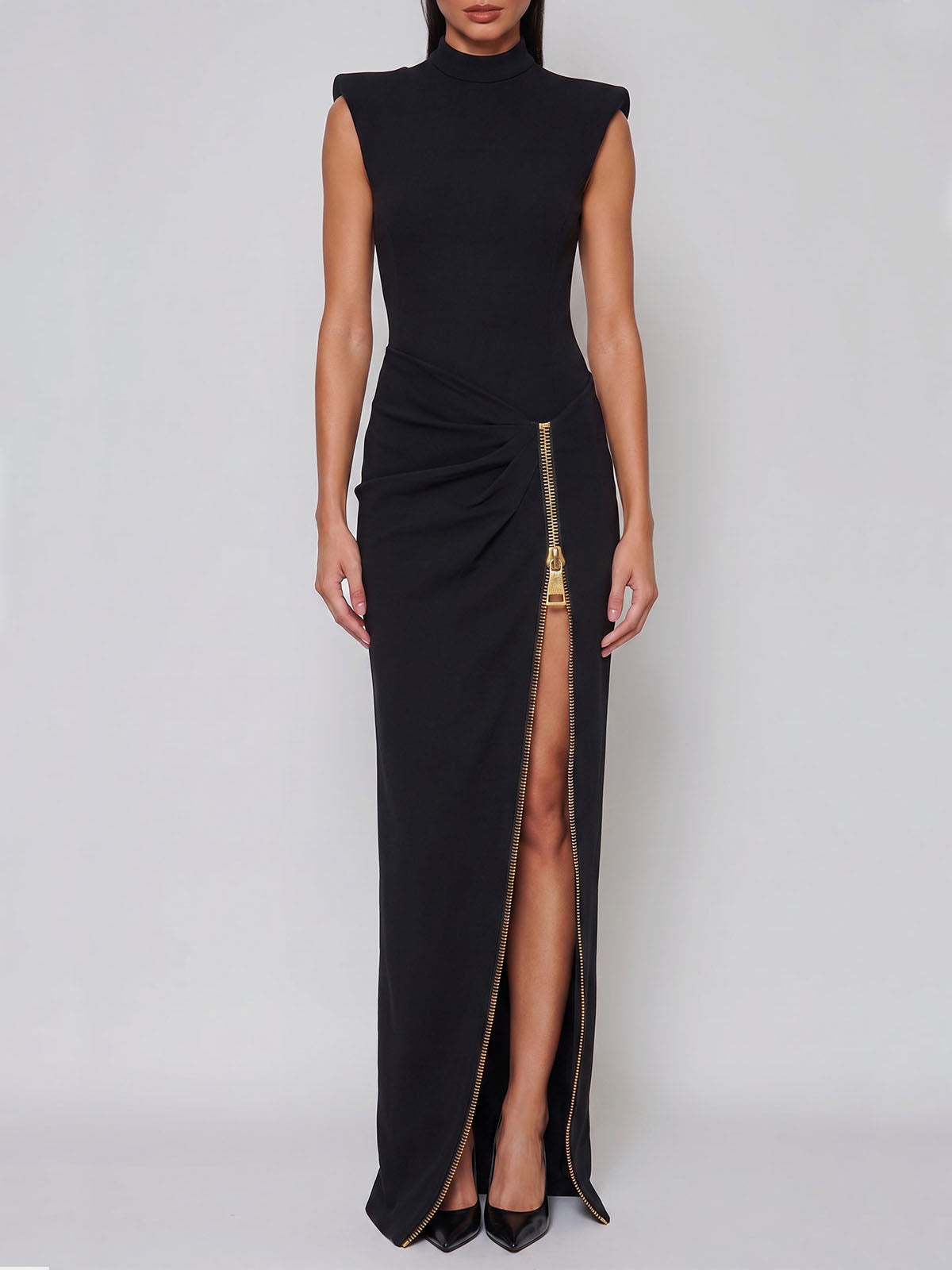 Edge Zip Up Slit High Neck Padded Sleeveless Formal Maxi Dress - Black
