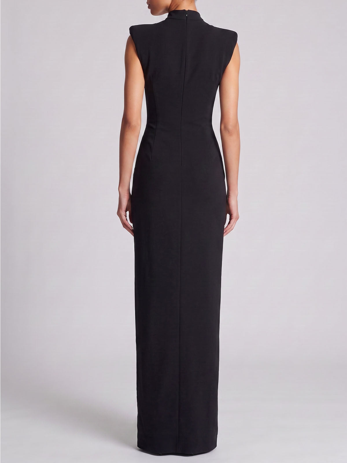 Edge Zip Up Slit High Neck Padded Sleeveless Formal Maxi Dress - Black