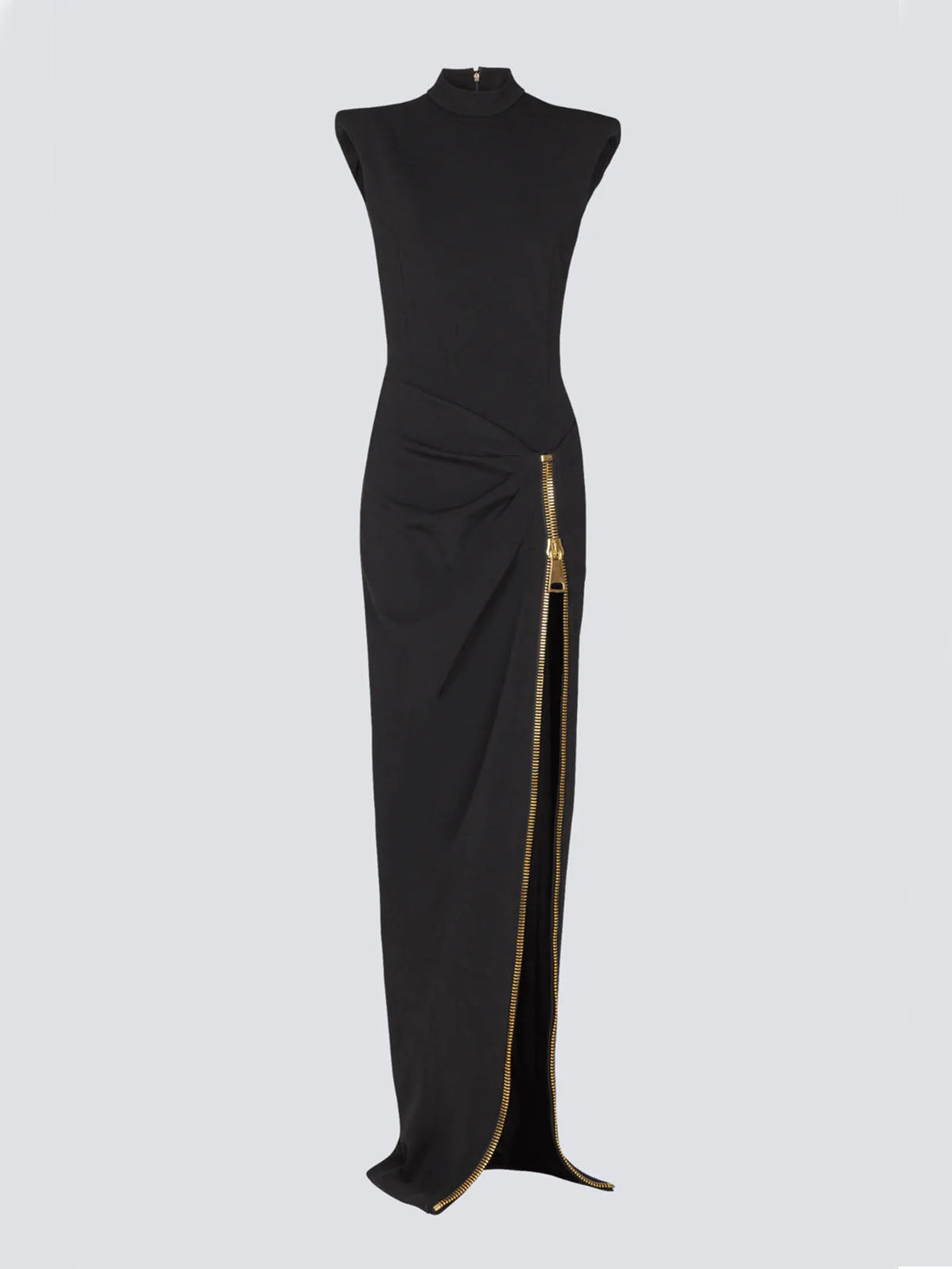 Edge Zip Up Slit High Neck Padded Sleeveless Formal Maxi Dress - Black