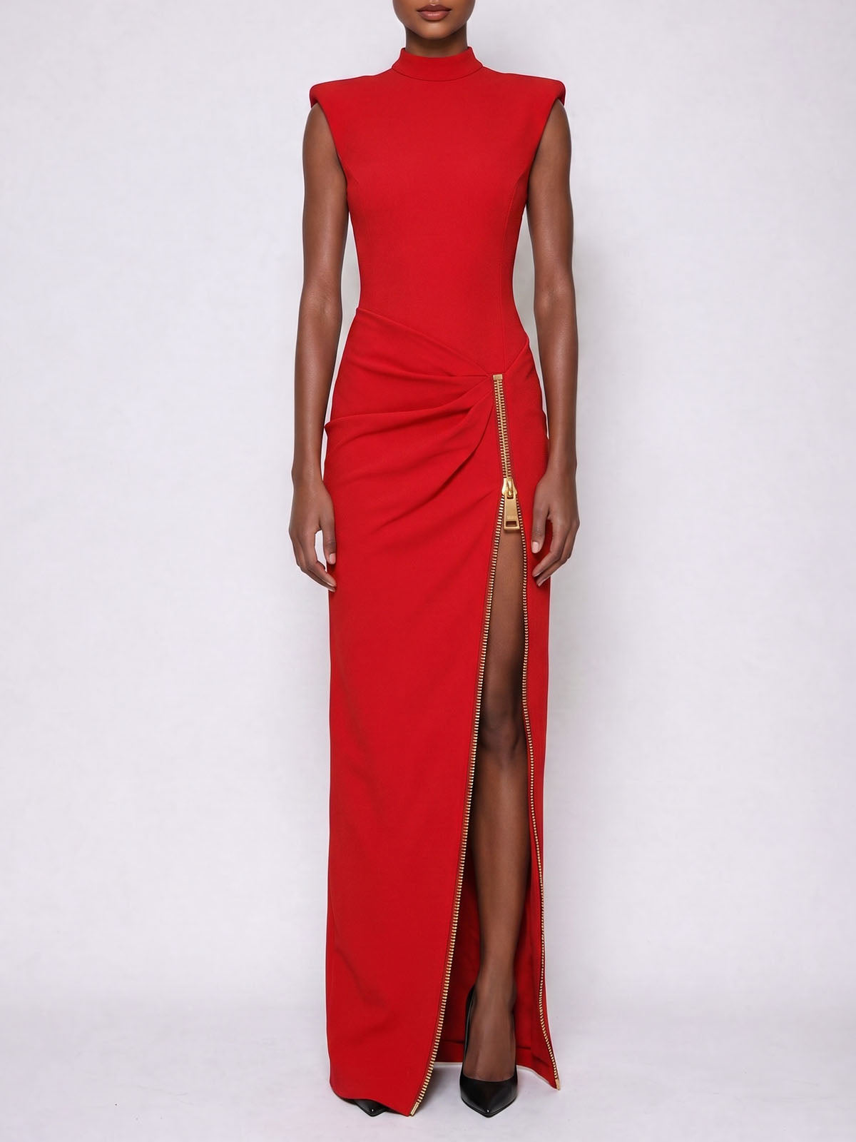 Edge Zip Up Slit High Neck Padded Sleeveless Formal Maxi Dress - Red