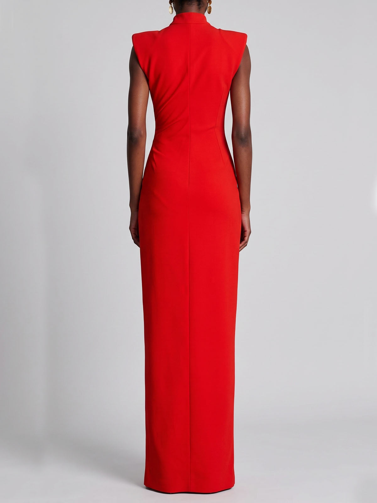 Edge Zip Up Slit High Neck Padded Sleeveless Formal Maxi Dress - Red