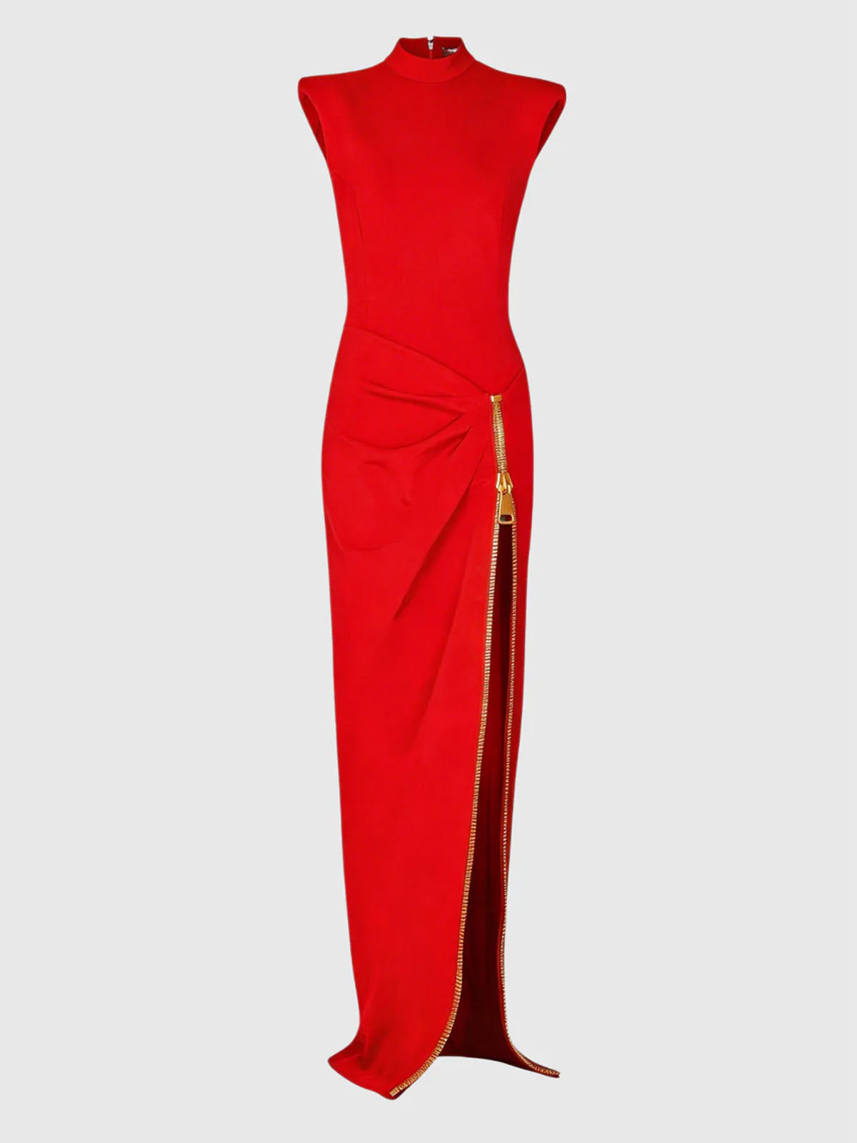 Edge Zip Up Slit High Neck Padded Sleeveless Formal Maxi Dress - Red