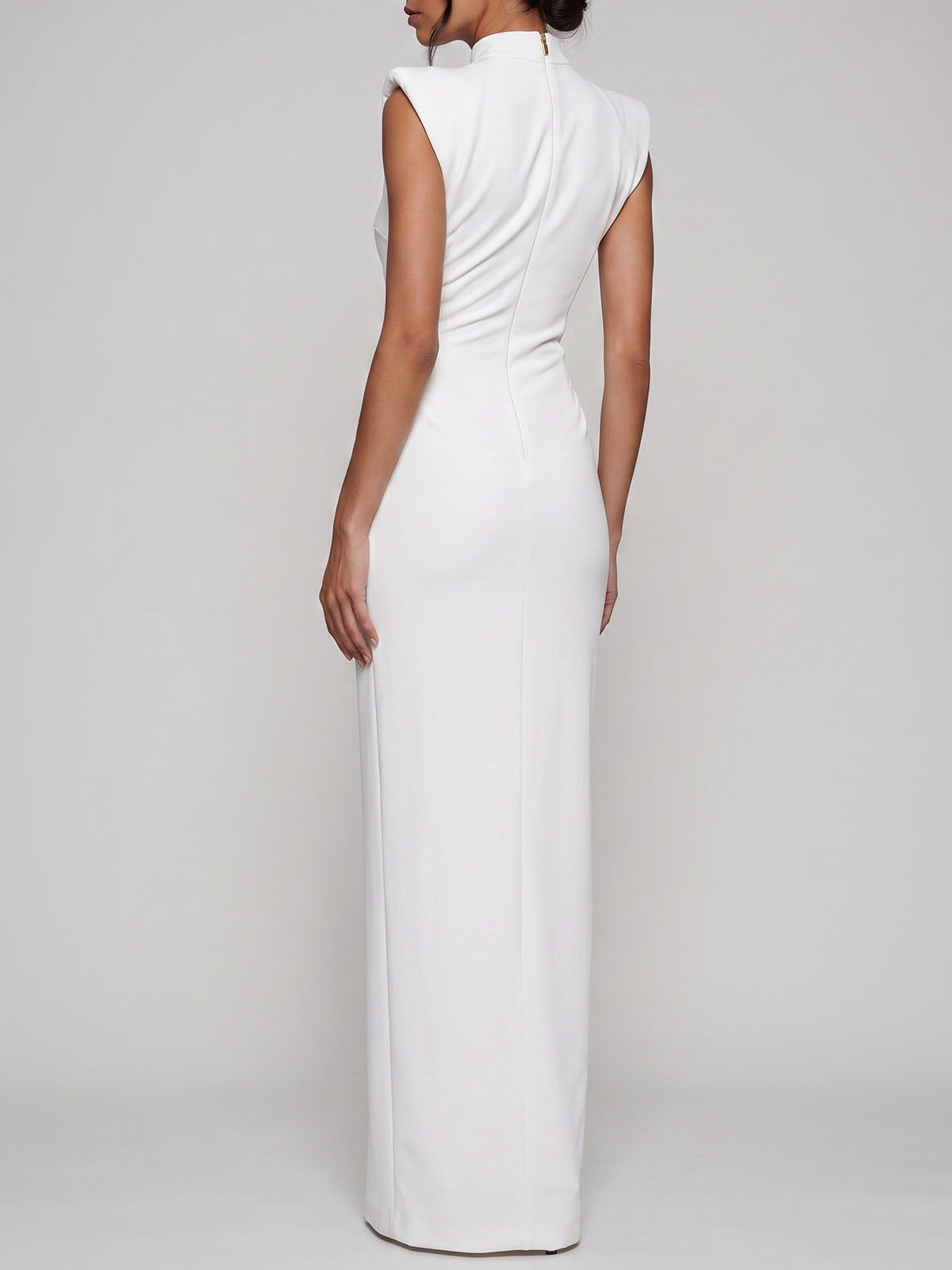 Edge Zip Up Slit High Neck Padded Sleeveless Formal Maxi Dress - White