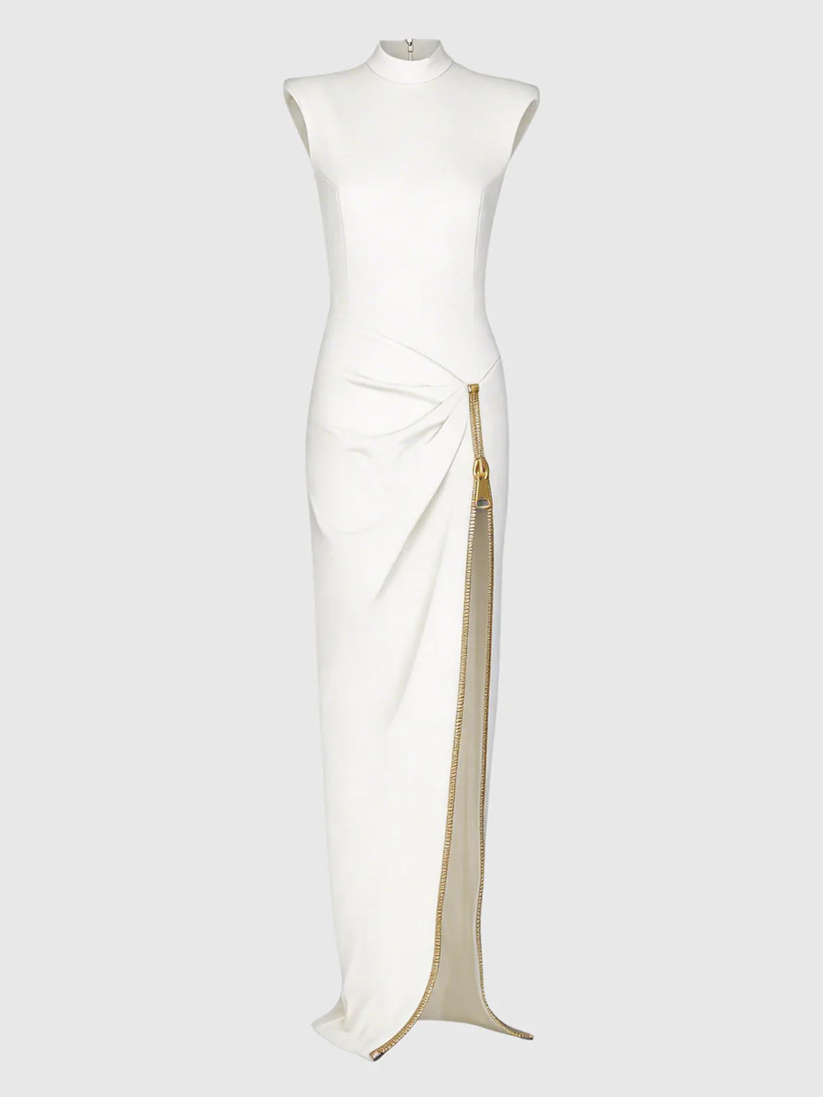 Edge Zip Up Slit High Neck Padded Sleeveless Formal Maxi Dress - White