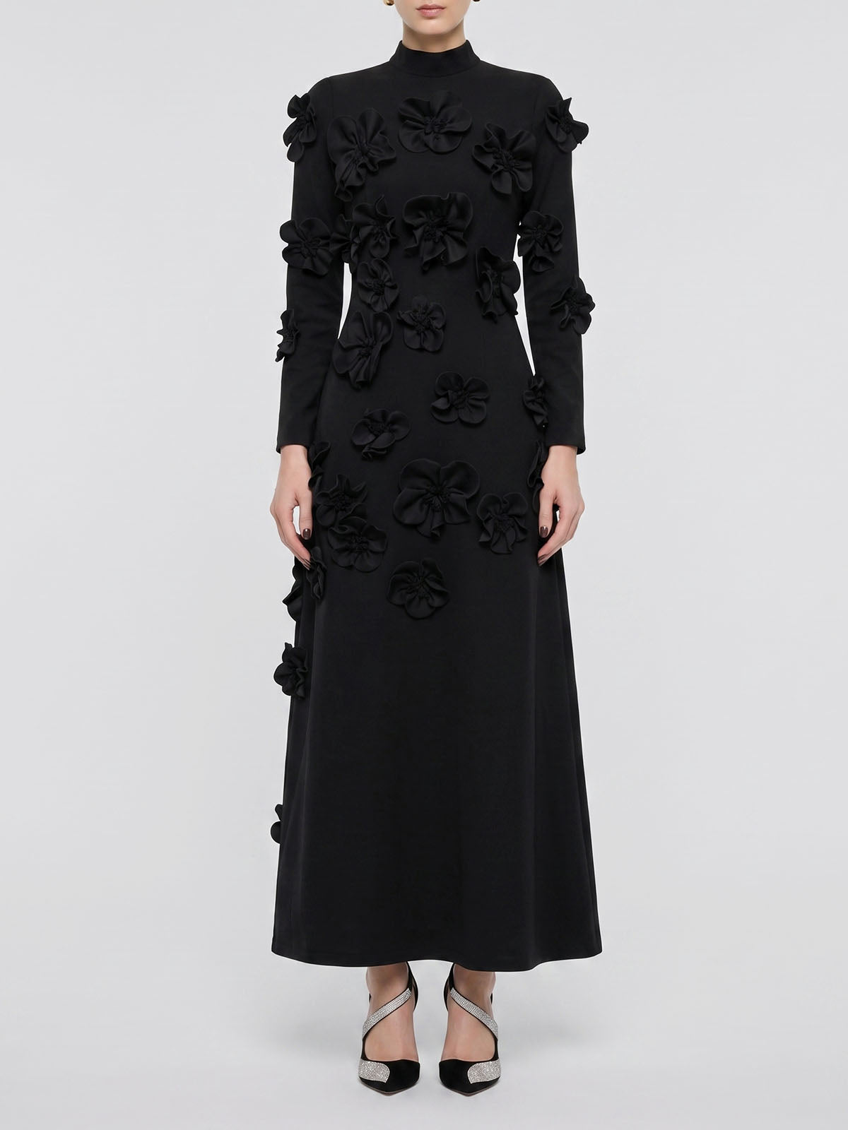 Elegant Flower High Neck Bow Tie Long Sleeve Formal Maxi Dress - Black