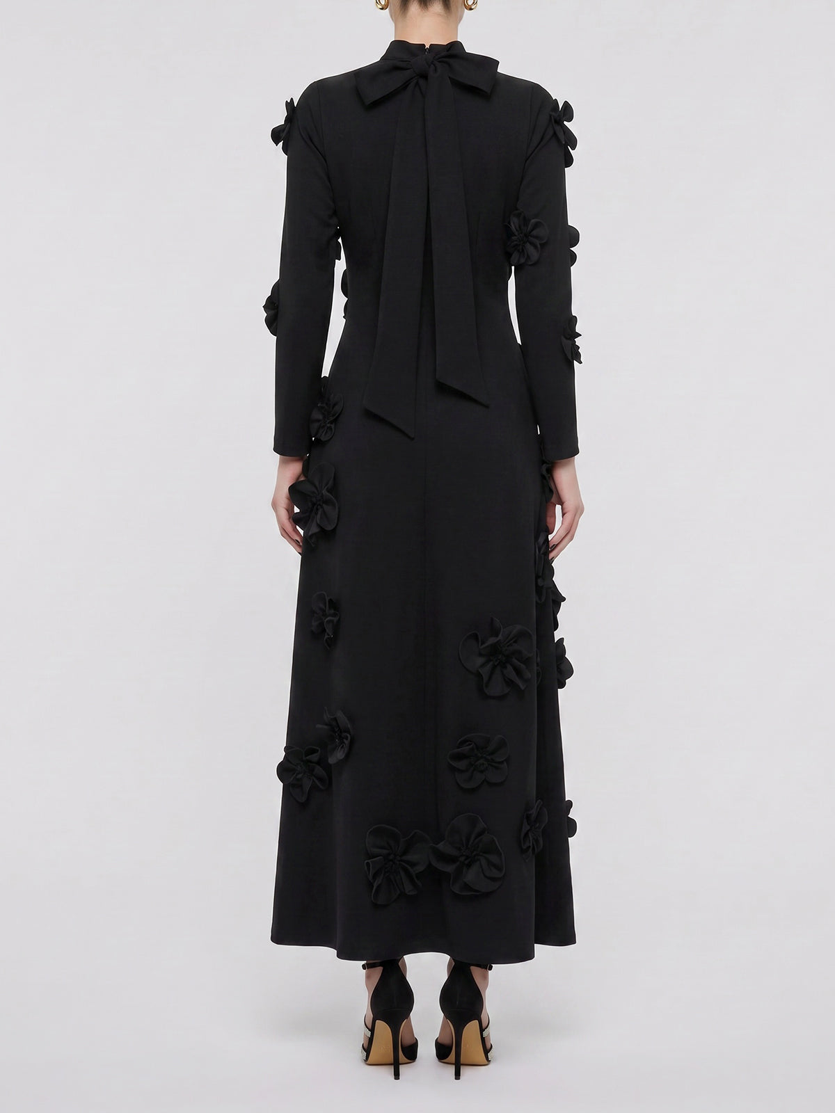 Elegant Flower High Neck Bow Tie Long Sleeve Formal Maxi Dress - Black