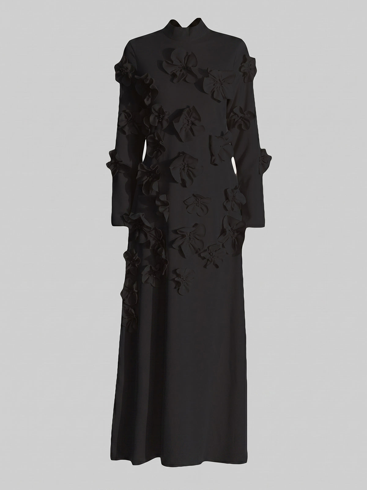 Elegant Flower High Neck Bow Tie Long Sleeve Formal Maxi Dress - Black