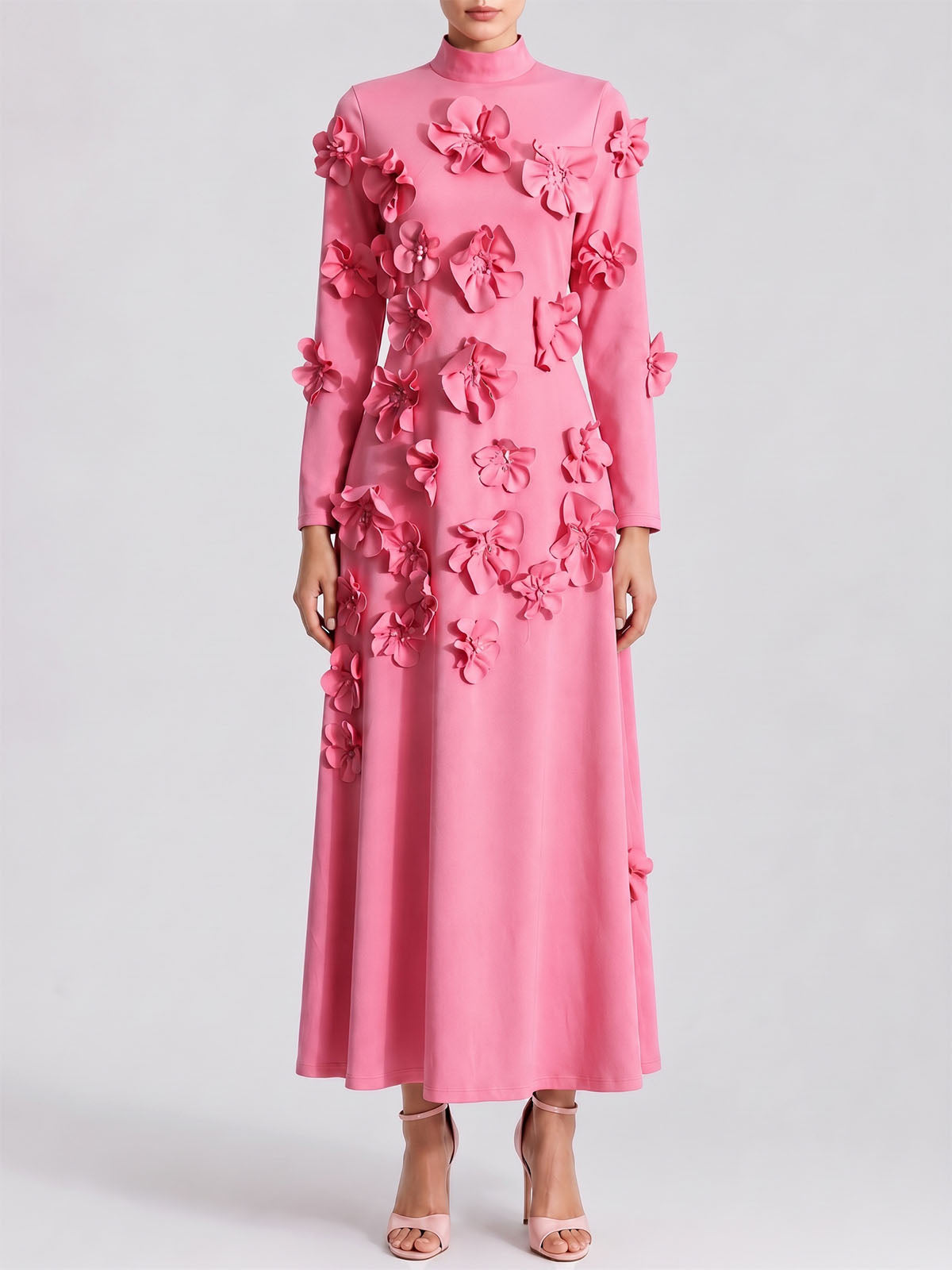 Elegant Flower High Neck Bow Tie Long Sleeve Formal Maxi Dress - Pink