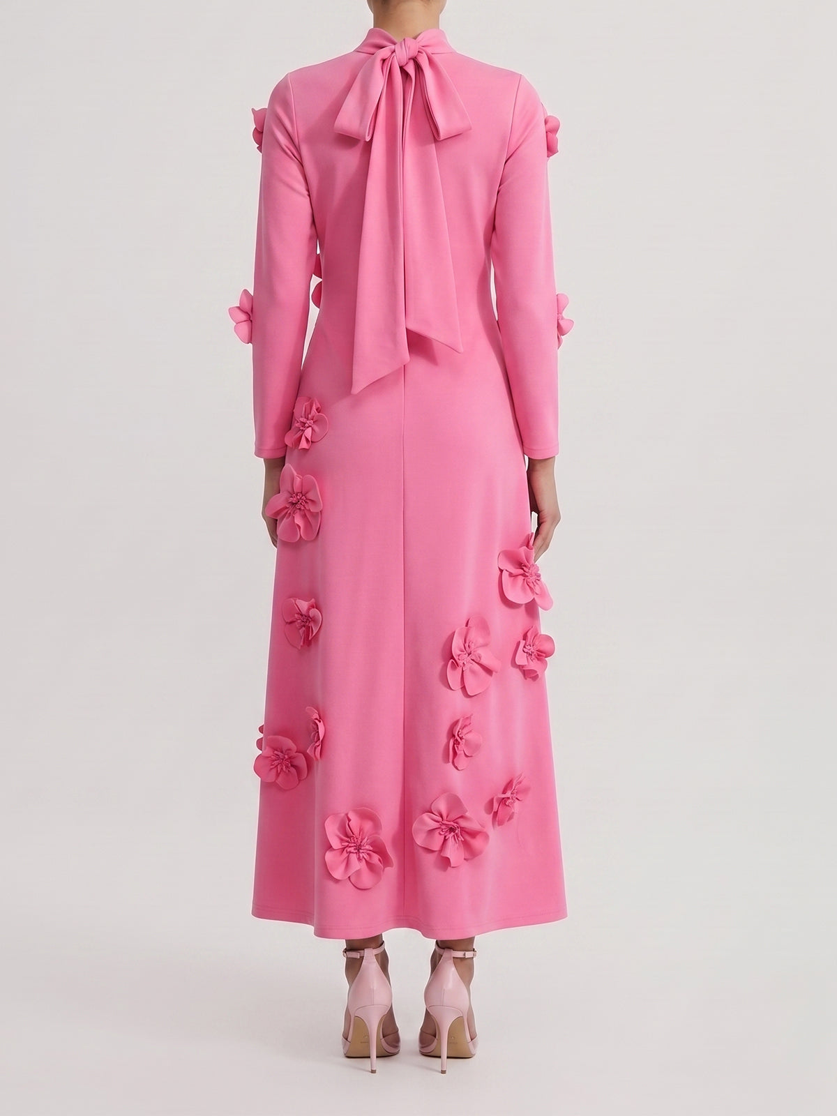 Elegant Flower High Neck Bow Tie Long Sleeve Formal Maxi Dress - Pink