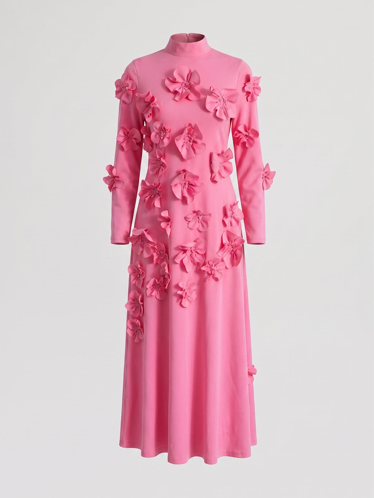 Elegant Flower High Neck Bow Tie Long Sleeve Formal Maxi Dress - Pink