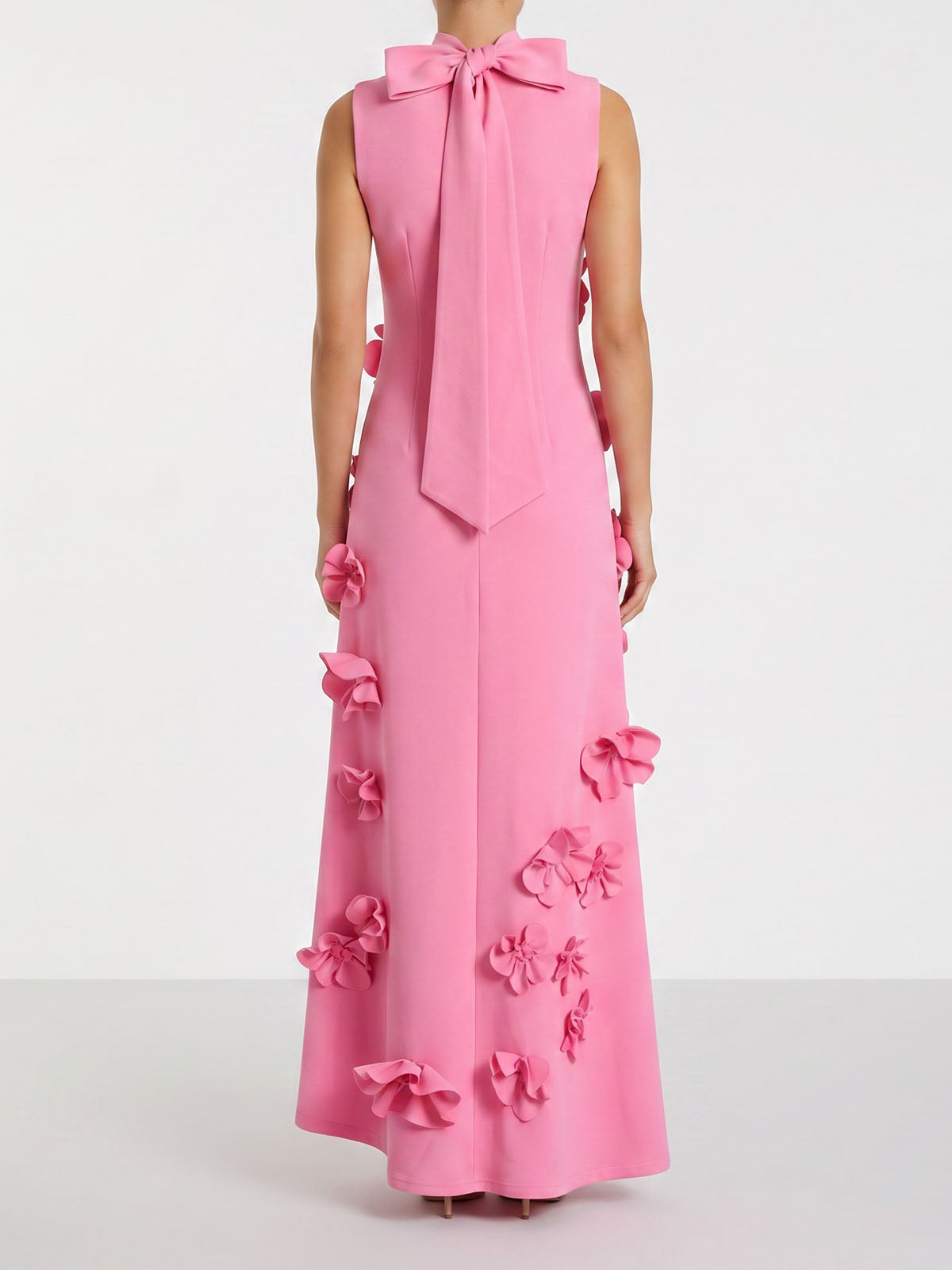 Elegant Flower High Neck Bow Tie Sleeveless Maxi Dress - Pink
