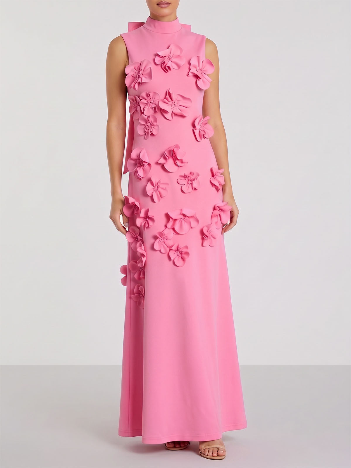 Elegant Flower High Neck Bow Tie Sleeveless Maxi Dress - Pink