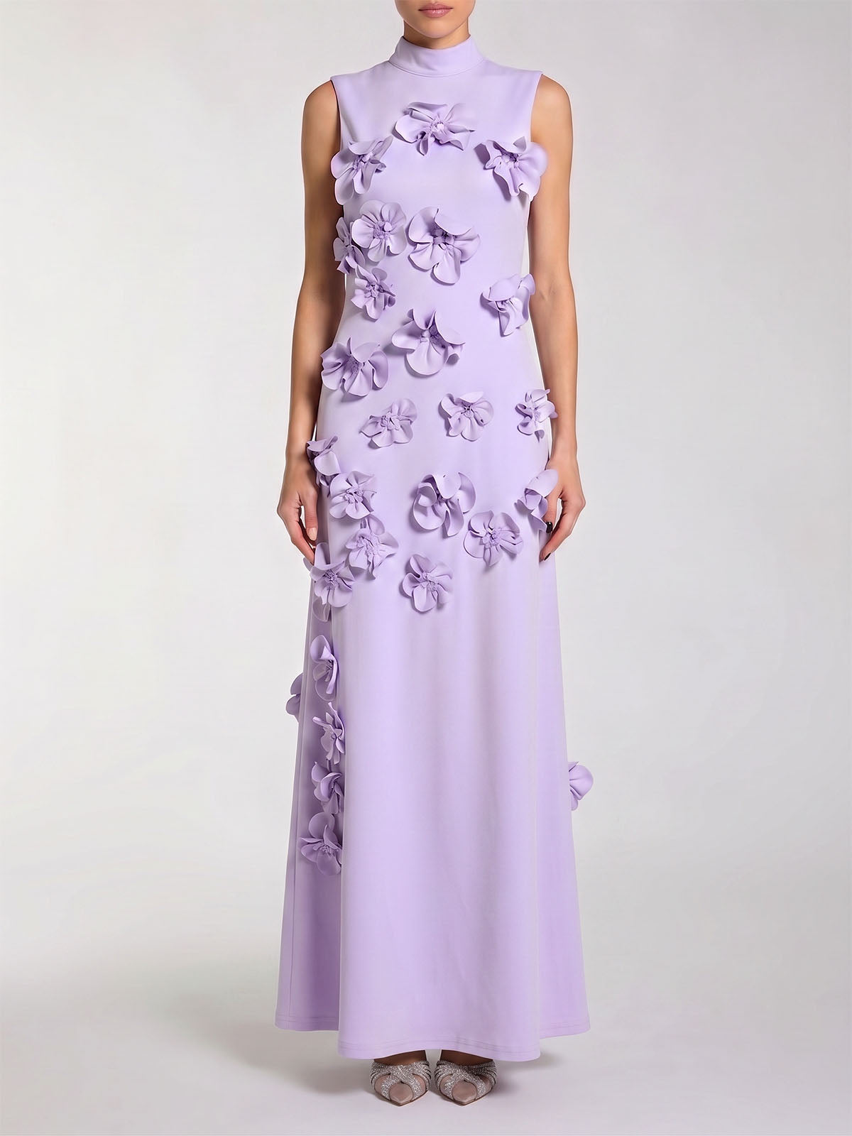 Elegant Flower High Neck Bow Tie Sleeveless Maxi Dress - Lavender
